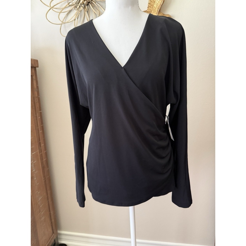 INC International Concepts Black Ruched Wrap Top Small NWT Long Sleeve V Neck